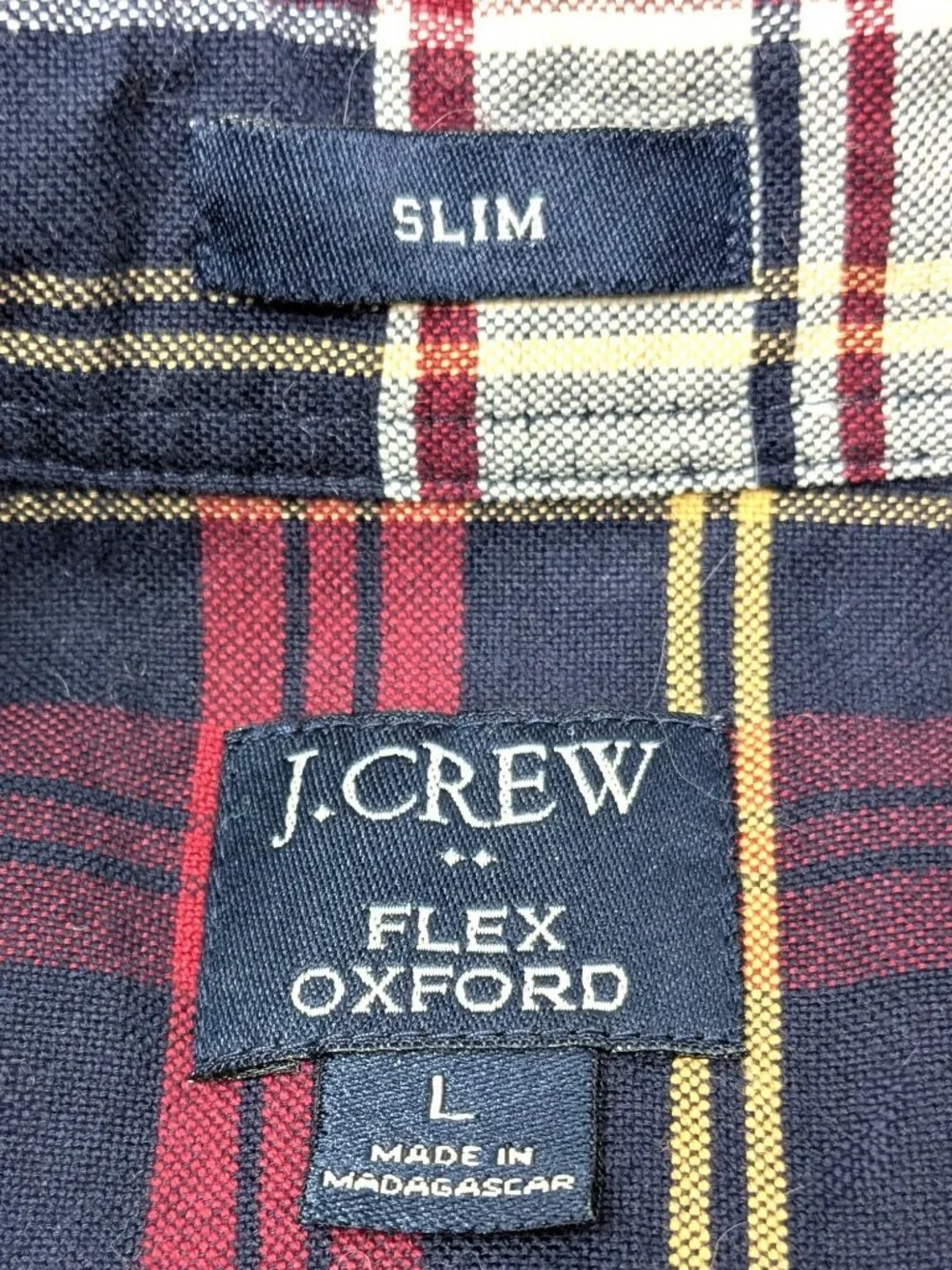 J Crew Mens Flex Oxford Shirt Large Red White Blue Plaid Button Down Slim $24